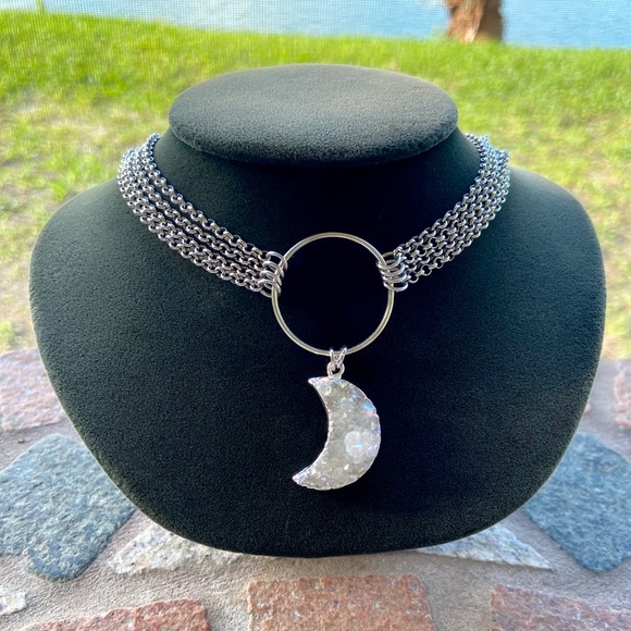 Moon crystal necklace . Stainless steel chains druzy aura quartz moon charm boho - Picture 1 of 15